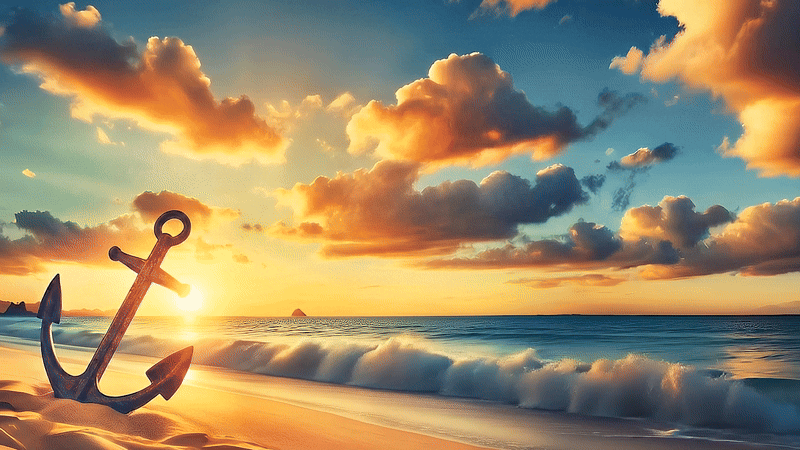 anchor on the beach with waves moving during a sunset